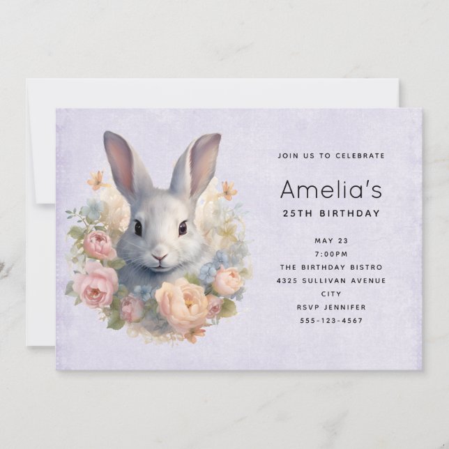 Rabbit Surrounded by Pastel Flowers Cute Birthday Invitation (Front)