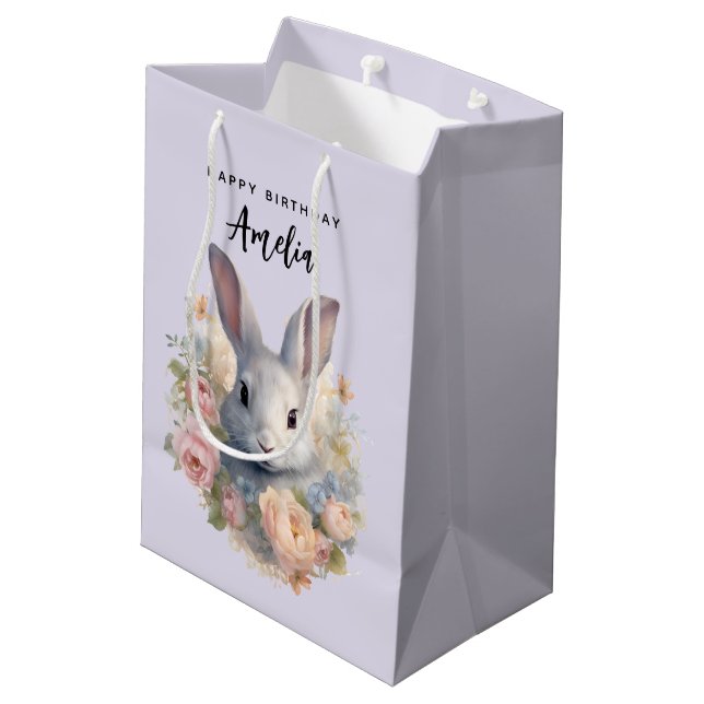 Rabbit Surrounded by Pastel Flowers Cute Birthday Medium Gift Bag (Back Angled)