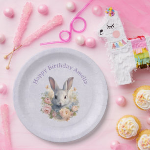Rabbit Surrounded by Pastel Flowers Cute Birthday Paper Plates