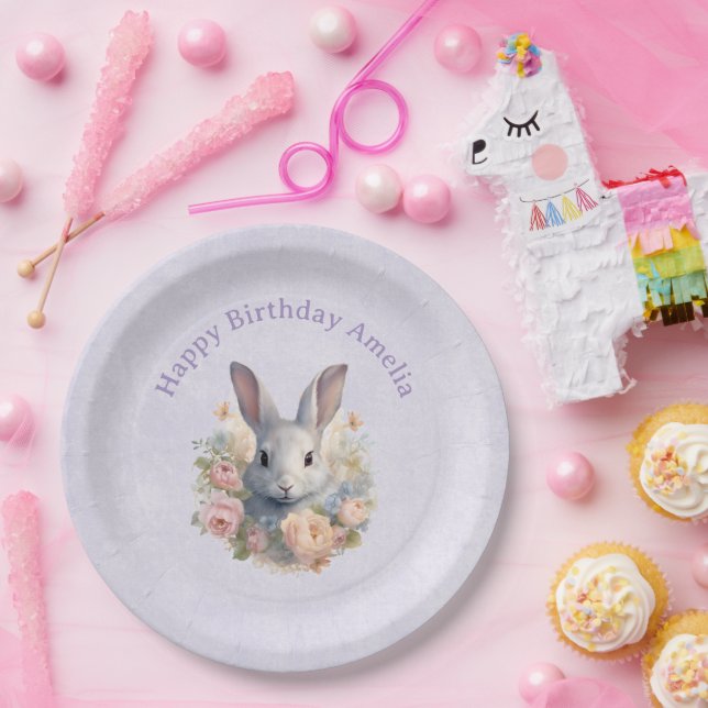 Rabbit Surrounded by Pastel Flowers Cute Birthday Paper Plates (Party)