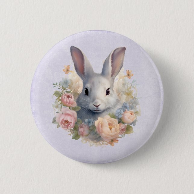 Rabbit Surrounded by Pastel Flowers Cute Button (Front)