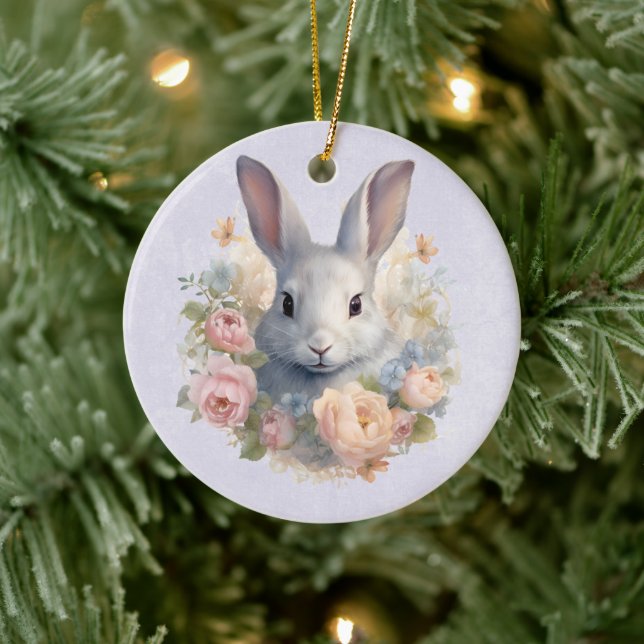 Rabbit Surrounded by Pastel Flowers Cute Ceramic Ornament (Tree)