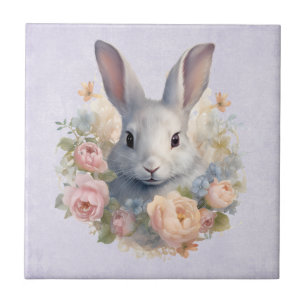 Rabbit Surrounded by Pastel Flowers Cute Ceramic Tile