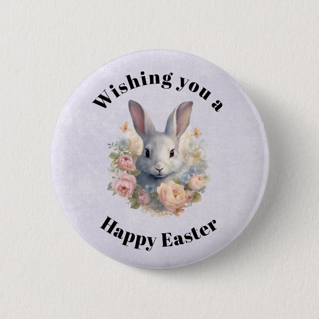 Rabbit Surrounded by Pastel Flowers Cute Easter Button (Front)