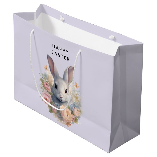 Rabbit Surrounded by Pastel Flowers Cute Easter Large Gift Bag (Front Angled)