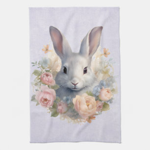 Rabbit Surrounded by Pastel Flowers Cute Kitchen Towel