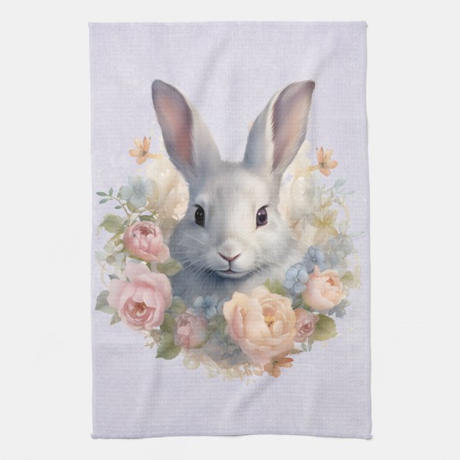 Rabbit Surrounded by Pastel Flowers Cute Kitchen Towel (Vertical)