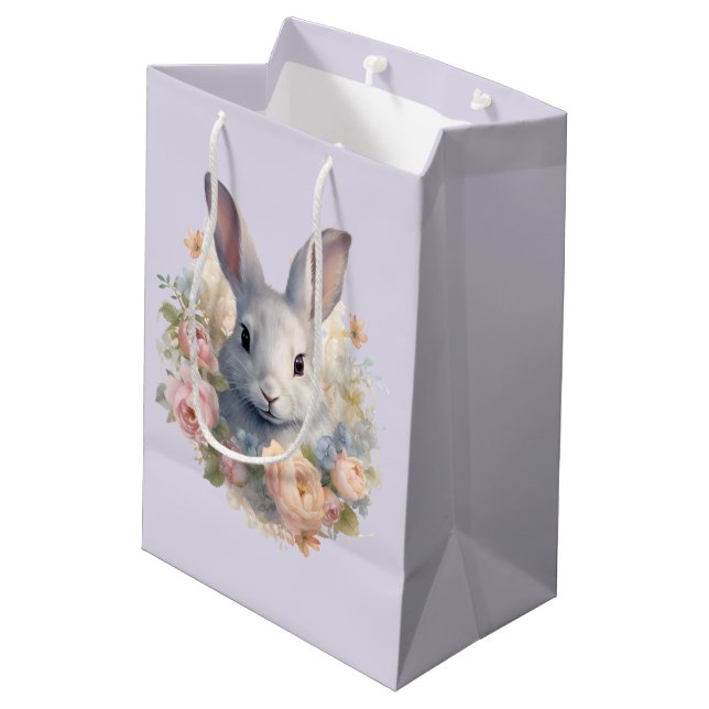 Rabbit Surrounded by Pastel Flowers Cute Medium Gift Bag (Back Angled)