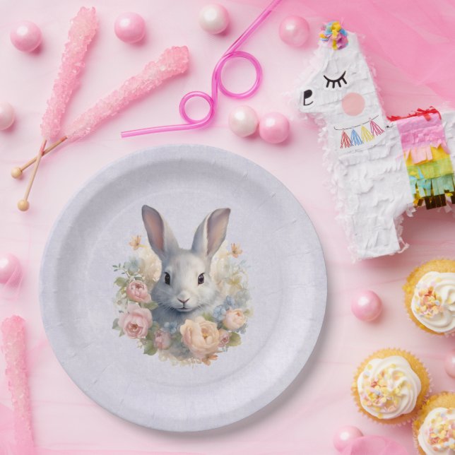 Rabbit Surrounded by Pastel Flowers Cute Paper Plates (Party)