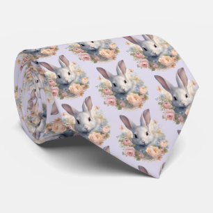 Rabbit Surrounded by Pastel Flowers Cute Pattern Neck Tie