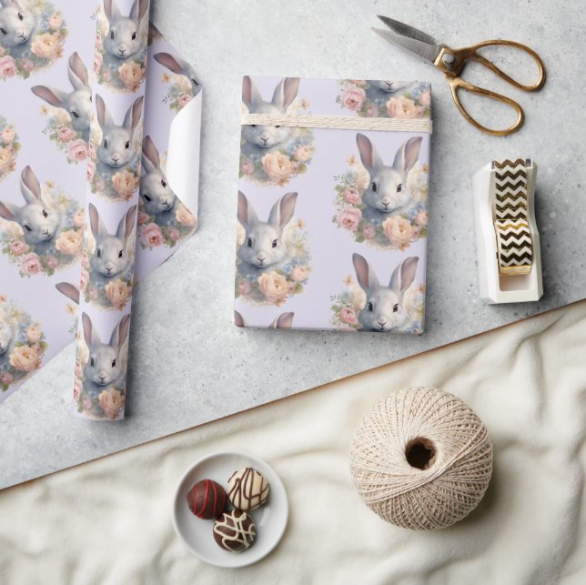 Rabbit Surrounded by Pastel Flowers Cute Pattern Wrapping Paper (Crafts)