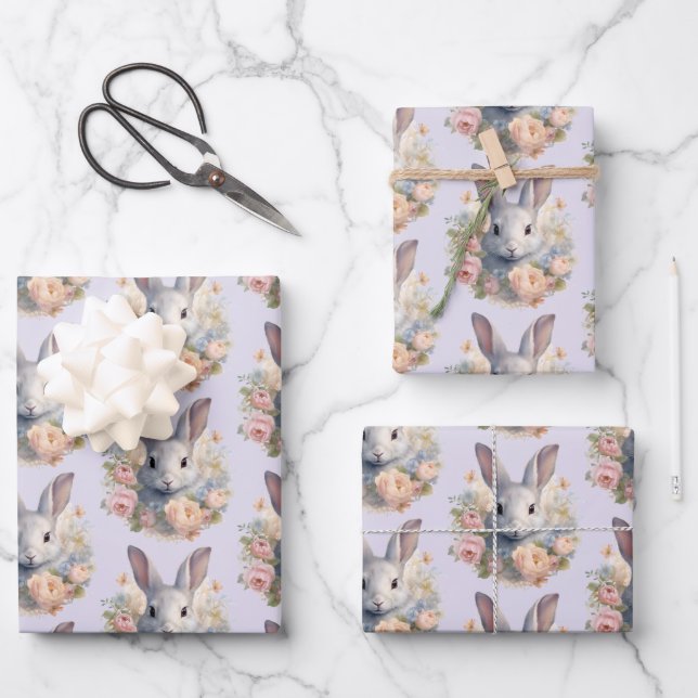 Rabbit Surrounded by Pastel Flowers Cute Pattern Wrapping Paper Sheets (Front)