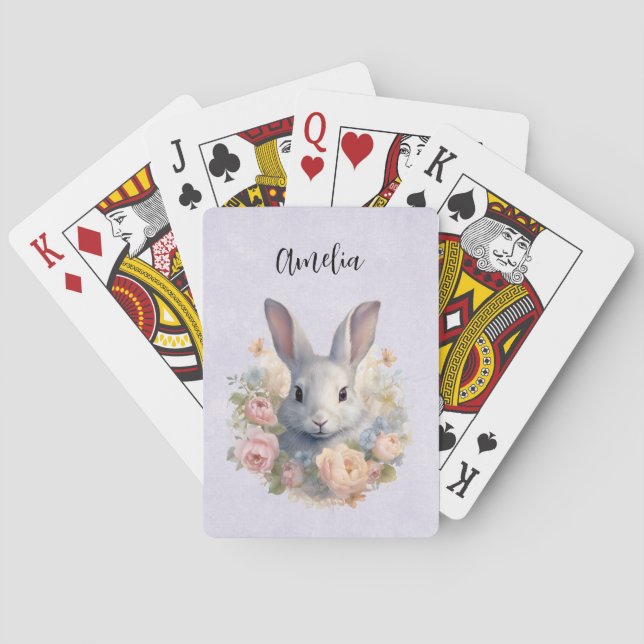 Rabbit Surrounded by Pastel Flowers Cute Poker Cards (Back)