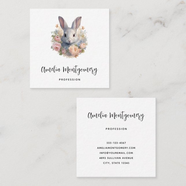 Rabbit Surrounded by Pastel Flowers Cute Square Business Card (Front/Back)