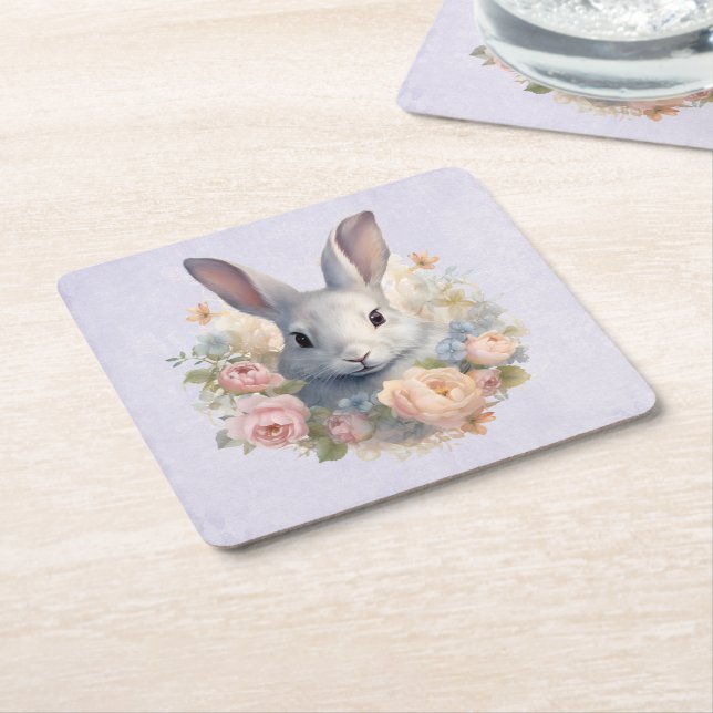 Rabbit Surrounded by Pastel Flowers Cute Square Paper Coaster (Angled)