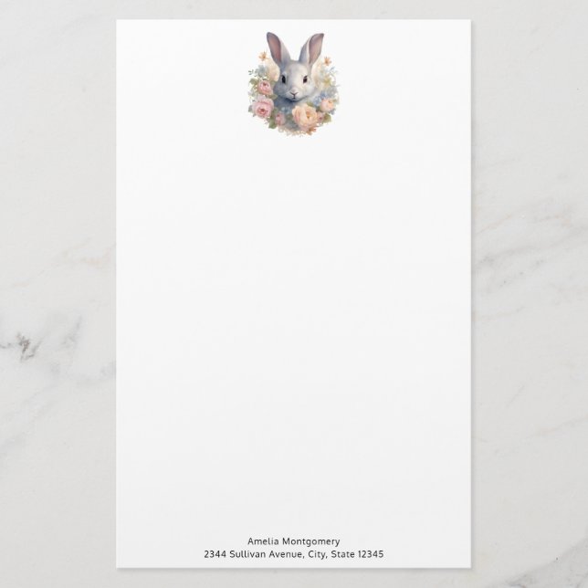 Rabbit Surrounded by Pastel Flowers Cute Stationery (Front)