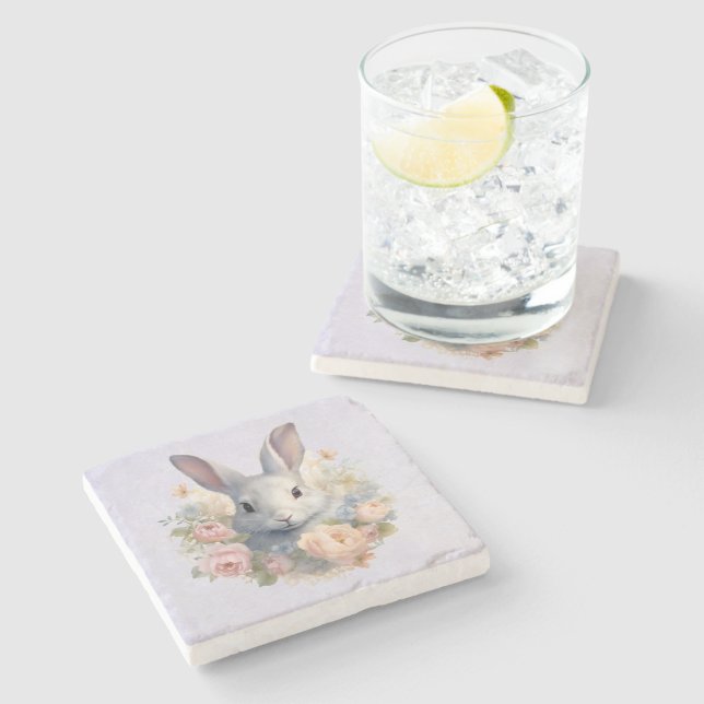  Rabbit Surrounded by Pastel Flowers Cute Stone Coaster (Side)