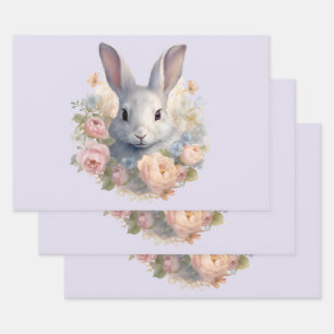 Rabbit Surrounded by Pastel Flowers Cute Wrapping Paper Sheets