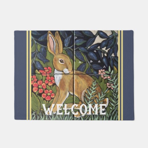 Rabbit Tapestry Tile Floral Navy Blue Hare Decor Doormat