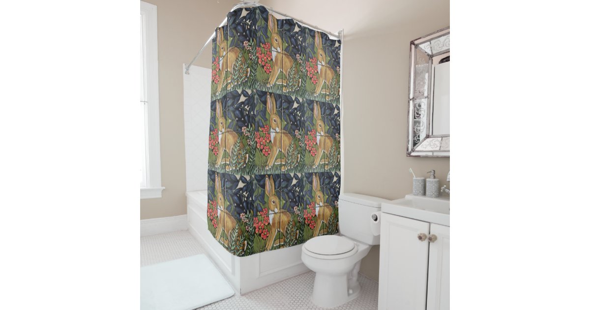 Rabbit Tapestry Tile Fl Navy Blue Hare Decor Shower Curtain Zazzle Com Rabbit Tapestry Tile Fl Navy Blue, Tapestry Style Shower Curtain