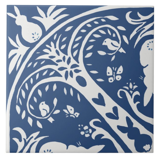 Rabbit Tile Blue and White Bunny Bird Tree Pattern (Front)