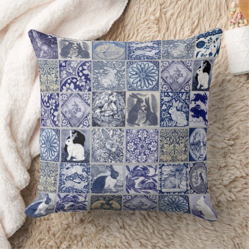 Rabbit Tile Mosaic Pattern Blue White Gray Vintage Throw Pillow