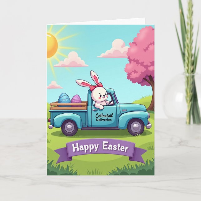 Rabbit Truck Springtime Faux Gold Card (Front)