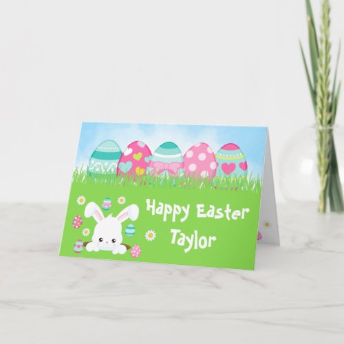 Rabbit Turquoise Blue and Pink Eggs Happy Easter Card