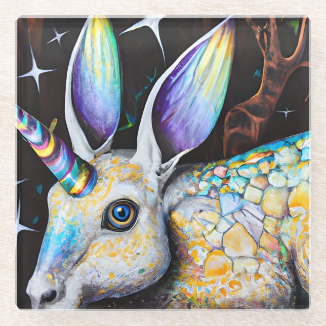 Rabbit Unicorn Glass Coaster (Front)