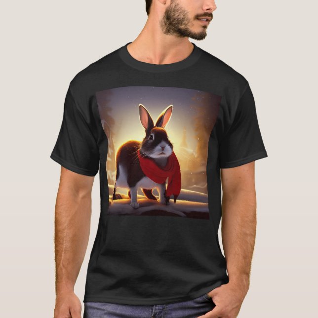 Rabbit Wearing A Red Scarf For Christmas T-Shirt (Front)