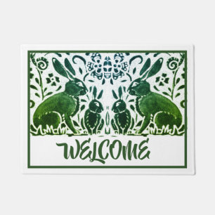 Rabbit Welcome Vintage Green & White Floral Doormat