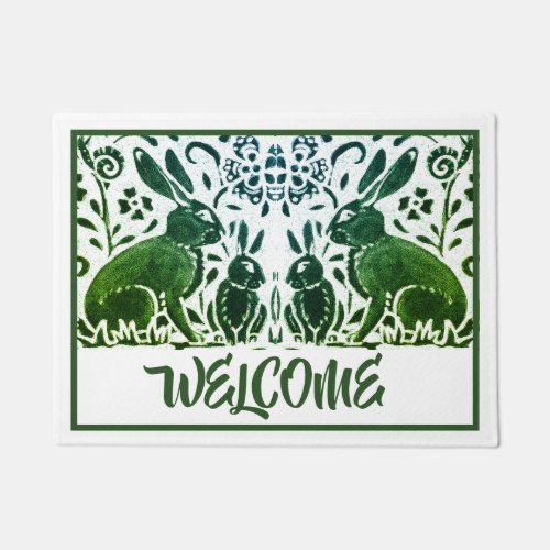 Rabbit Welcome Vintage Green  White Floral  Doormat