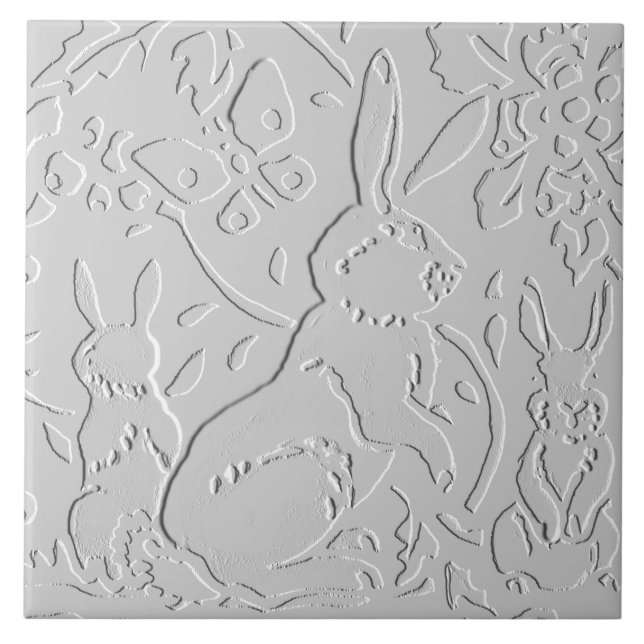 Rabbit White Gray Black Embossed  Woodland Animal Ceramic Tile (Front)
