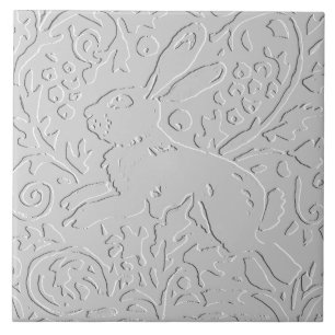 Rabbit White Gray Black Embossed  Woodland Animal Ceramic Tile