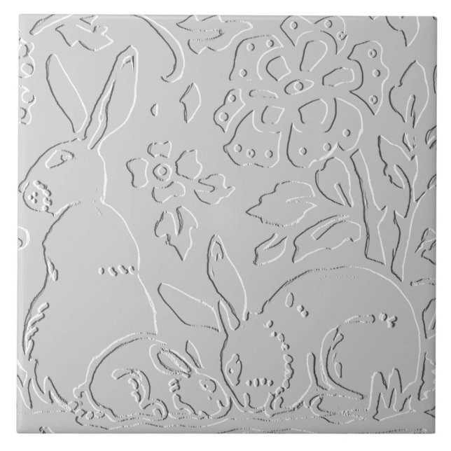 Rabbit White Gray Black Embossed  Woodland Animal Ceramic Tile (Front)