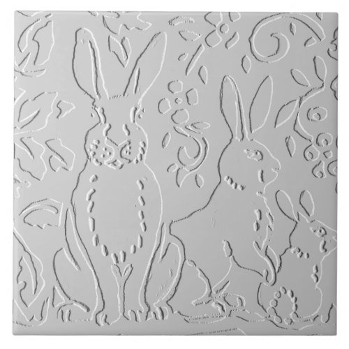 Rabbit White Gray Embossed Floral Woodland Animal Ceramic Tile