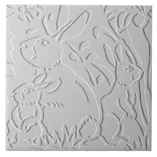 Rabbit White Gray Embossed Floral Woodland Animal Ceramic Tile