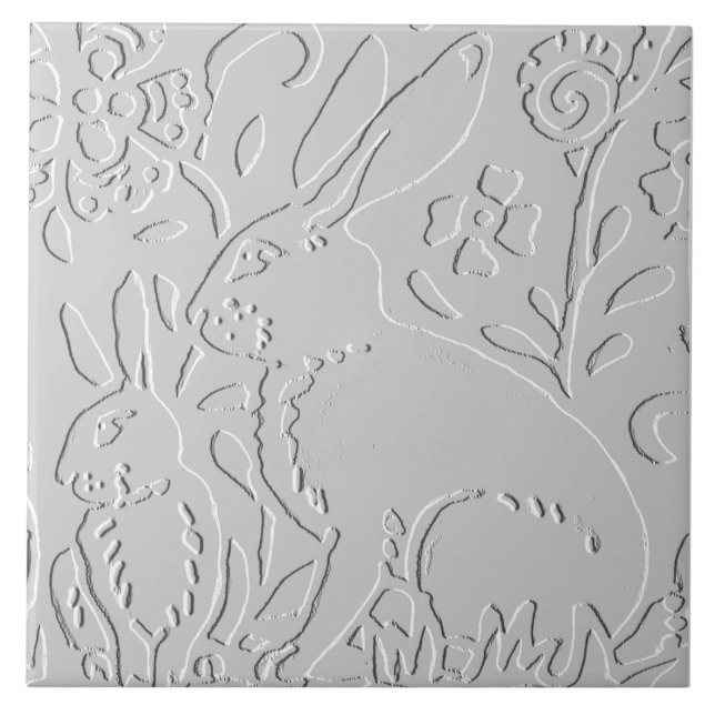 Rabbit White Gray Floral Embossed Woodland Animal Ceramic Tile (Front)