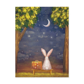 Rabbit With a Suitcase Looking Into the Night Sky Postcard