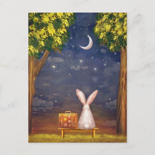 Rabbit With a Suitcase Looking Into the Night Sky Postcard