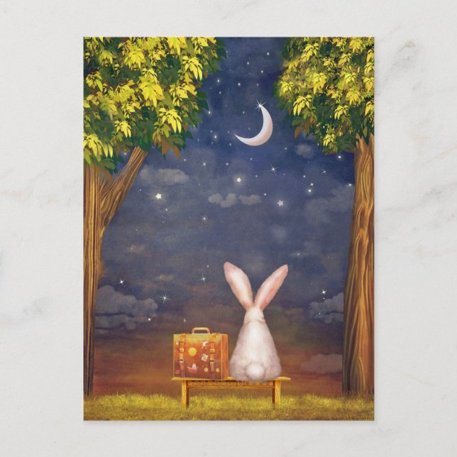 Rabbit With a Suitcase Looking Into the Night Sky Postcard (Front)