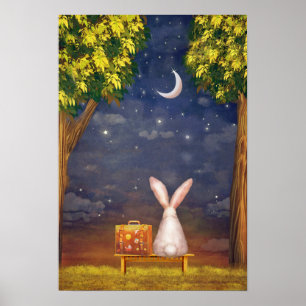 Rabbit with a Suitcase Looking Into the Night Sky Poster