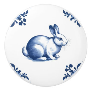 Rabbit with Delft Blue and White Floral Corners Ceramic Knob