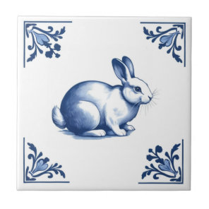 Rabbit with Delft Blue and White Floral Corners Ceramic Tile