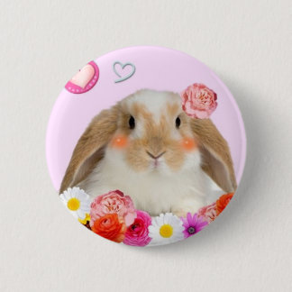 rabbit with flowers pinback button