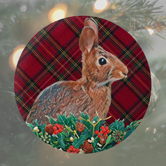 Rabbit with Holly Berries and Plaid Button (Cute rabbit Christmas button pin makes a great stocking stuffer or Christmas party favor. )
