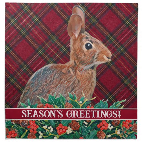 Rabbit with Holly Berries and Plaid Cloth Napkin