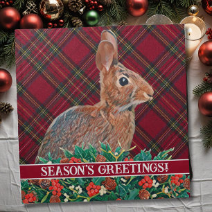 Rabbit with Holly Berries and Plaid Cloth Napkin