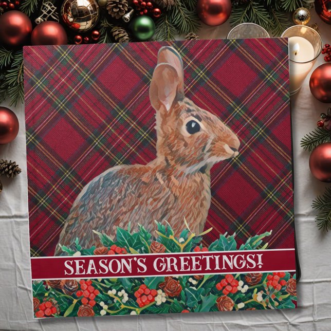 Rabbit with Holly Berries and Plaid Cloth Napkin (A classic plaid pattern and beautiful rabbit make for a wonderful napkin for your table all season.)
