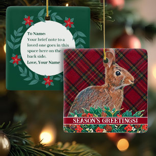 Rabbit with Holly Berries and Plaid Customizable Ceramic Ornament